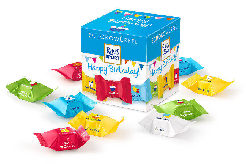 Pilot bewirbt künftig Produktneuheiten von Ritter Sport. Im Bild die neuen Schokowürfel zum Geburtstag.