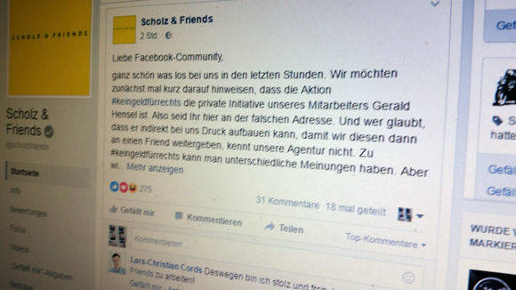 Shitstorm bei Scholz & Friends: Die Agentur reagiert mit einer Stellungnahme auf Facebook.