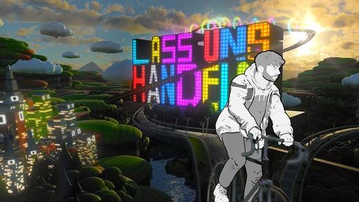 Miirtek als animierter Radler auf einer Art Bike-Achterbahn - ganz schön abgefahren.