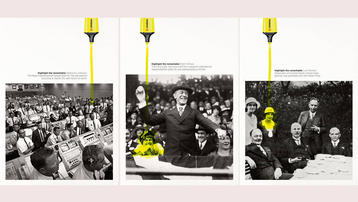 Frauen-Power im Hintergrund: Stabilo-Kampagnenmotive mit Katherine Johnson, Edith Wilson und Lise Meitner.