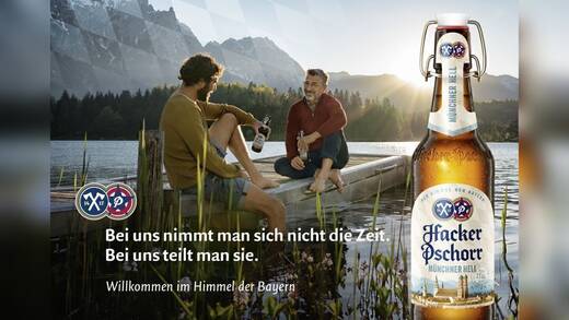 Ein dezentes Rautenmuster unterstreicht den Claim "Willkommen im Himmel der Bayern" von Hacker-Pschorr.