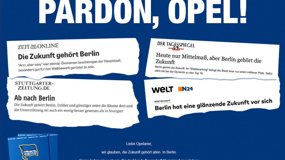 Hertha BSC und Jung von Matt/Sports haben sich die .com-Domain mit dem Opel-Claim gesichert.