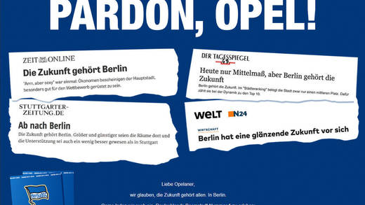 Hertha BSC und Jung von Matt/Sports haben sich die .com-Domain mit dem Opel-Claim gesichert.