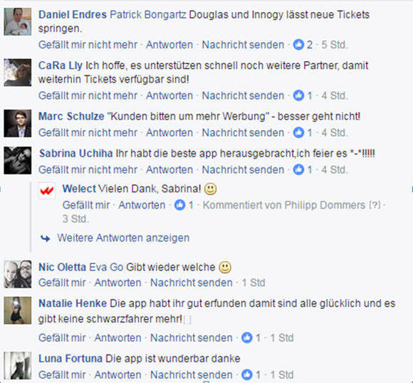 Reaktionen auf die werbegetriebene Fahrkarten-App Welect Go auf Facebook.
