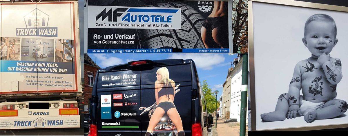 Der Werberat rügt Truck Wash (l.), MF Autoteile (o. M.), Bike Ranch Wismar (u. M.) und House of Pain (r.).