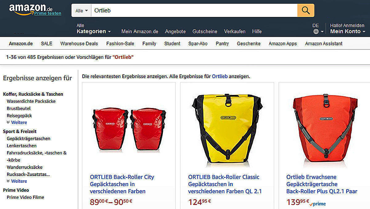 Amazon darf laut BHG in seiner Suchmaschine auch Produkte anderer Hersteller anzeigen, wenn nach Ortlieb gesucht wird.