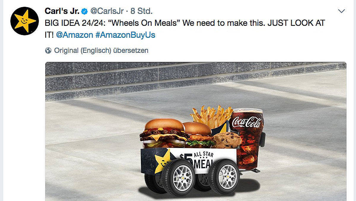 "Wheels on Meals" - eine der "Big Ideas", mit denen Carl's Jr. seinen Burgerladen dem Konzern Amazon schmackhaft machen will.