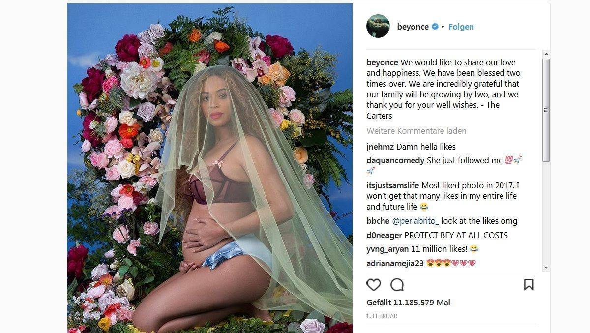 Ihr Schwangerschaftsbild bringt Beyoncé auf den ersten Platz von Instagram.