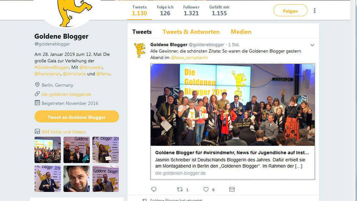Der Branchenpreis "Die Goldenen Blogger" wurde in diesem Jahr zum zwölften Mal verliehen.