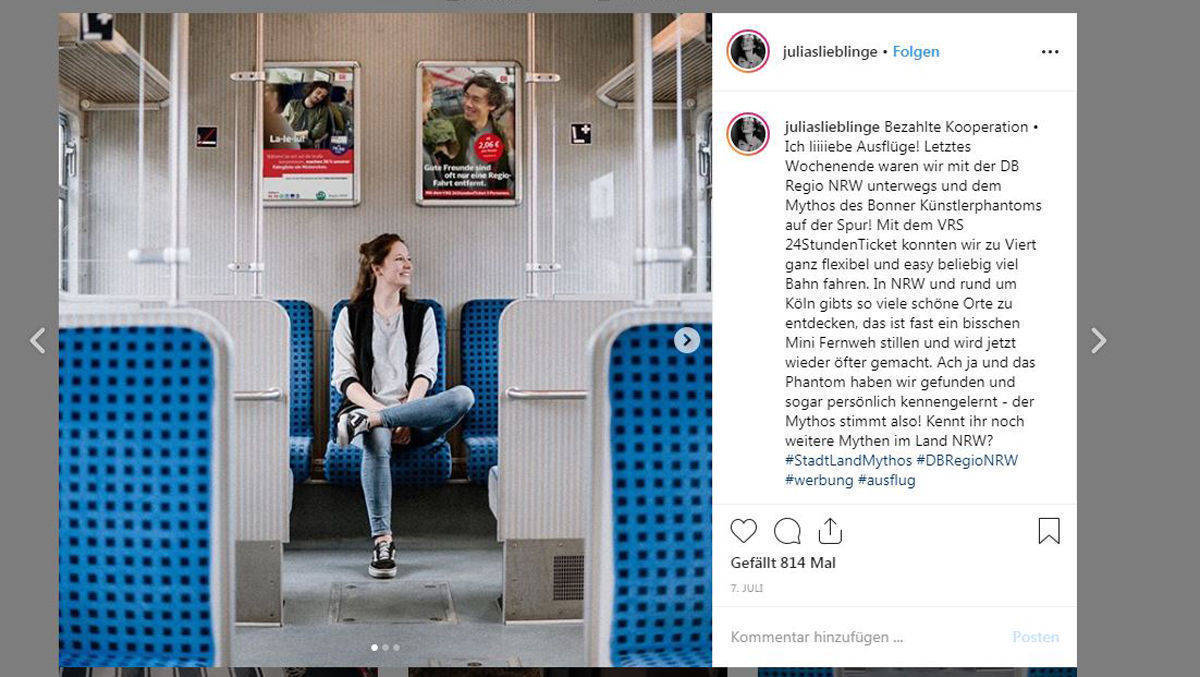 Influencerin Julia ist mit der Bahn in NRW unterwegs. 