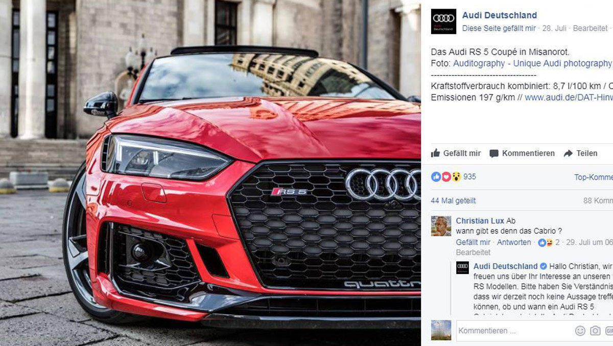 Das misanorote Audi RS 5 Coupé war einer der erfolgreichsten Posts von Automarken auf Facebook im Juli 2017. 