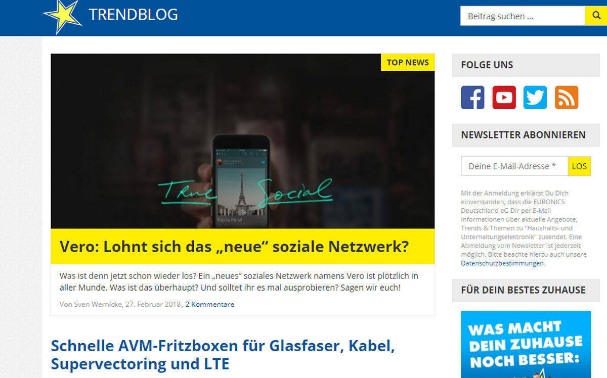 Der Trendblog von Euronics erreicht einen Wert von 92. Der bedeutet: gute Sichtbarkeit, viele Verlinkungen auf den Blog, hohe Aktivität und Interaktion mit der Community.