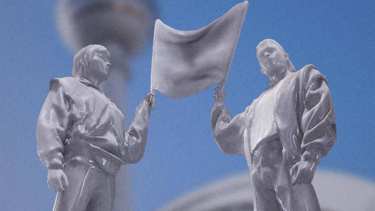 Die virtuelle Statue auf dem Alexanderplatz in Berlin erinnert an den friedlichne Protest.