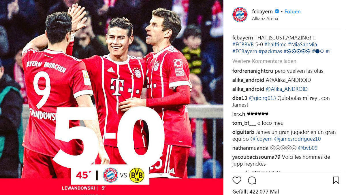 Kein Bundesliga-Beitrag zum 28. Spieltag wurde so oft geliked wie der zum Halbzeitstand 5:0 der Partie FC Bayern gegen den BVB. Das Spiel endete 6:0.