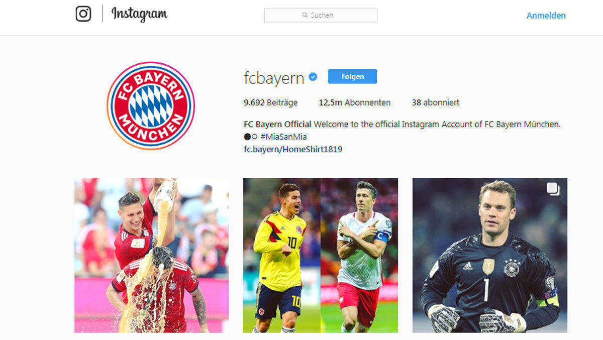 Auch Social Media gehört künftig zum Aufgabenbereich der Tochterfirma des FC Bayern, dem FCB Digital & Media Lab. Auf Instagram läuft es bisher super (12,5 Mio. Fans).