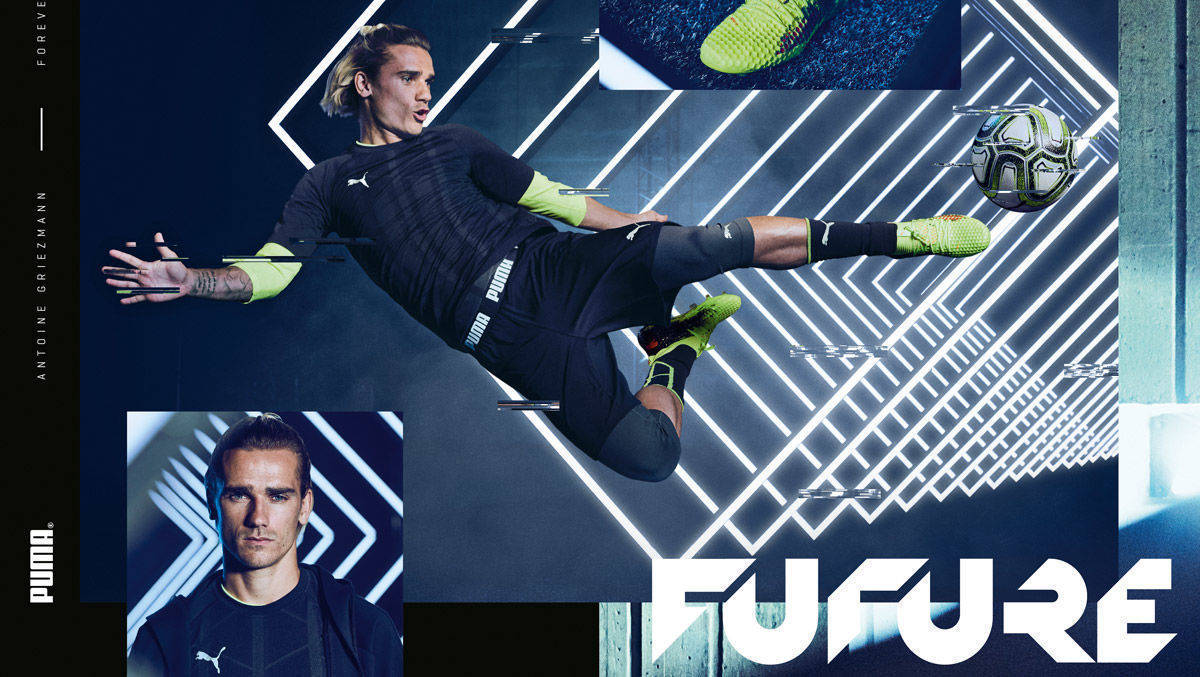 Puma inszeniert Antoine Griezmann für die Motive der Future-Kampagne mit einer aufwendigen Lichtinstallation. 