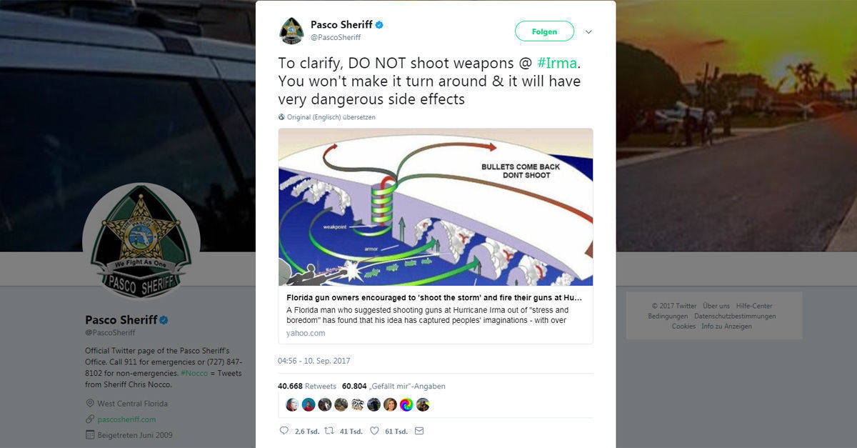 Reaktion auf Fake: Die Polizei von Pasco County erklärt, warum es keine gute Idee ist, auf den Hurrikan zu schießen.