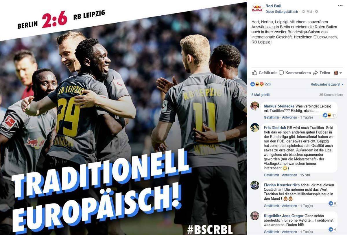 Den Social-Media-Post mit der höchsten Reichweite am 12. Mai verfasste RB Leipzig zum Auswärtssieg gegen Hertha BSC. Wenn nicht der Klub, sondern Hauptsponsor Red Bull einen Post bei Facebook absetzt, können 49 Mio. Follower das mitbekommen. 