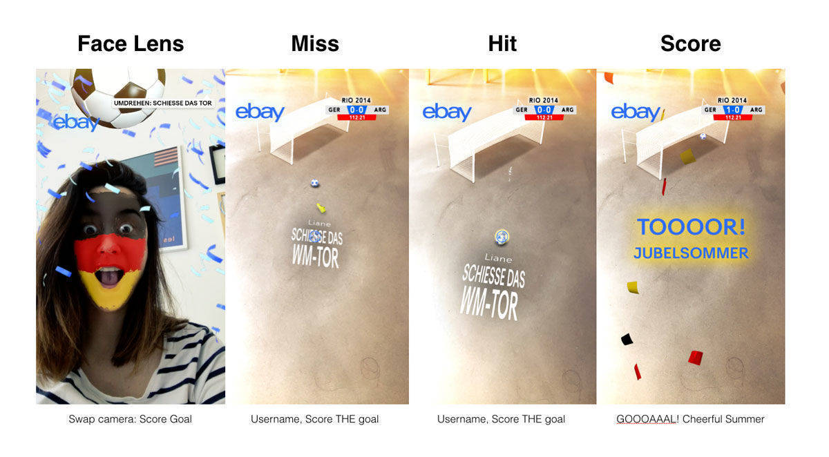 Erst virtuell als Fan schminken, ohne sich anzumalen, dann mit dem Finger Tore schießen wie Götze im Jubelsommer 2014: AR-Kampagne von Ebay und JvM.