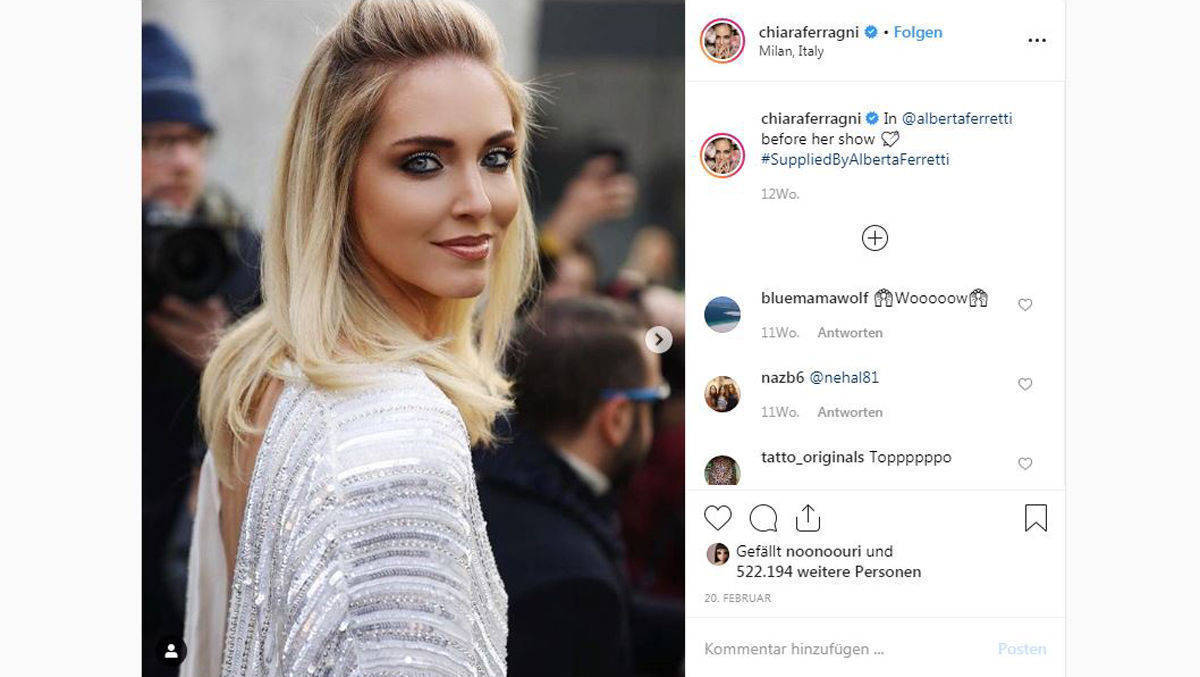 Chiara Ferragni wird als eine der größten Fashion-Influencerinnen der Welt gehandelt. Dieser Post von ihr zur Fashion Week in Mailand hat angeblich fast 500.000 Dollar Medienwert.