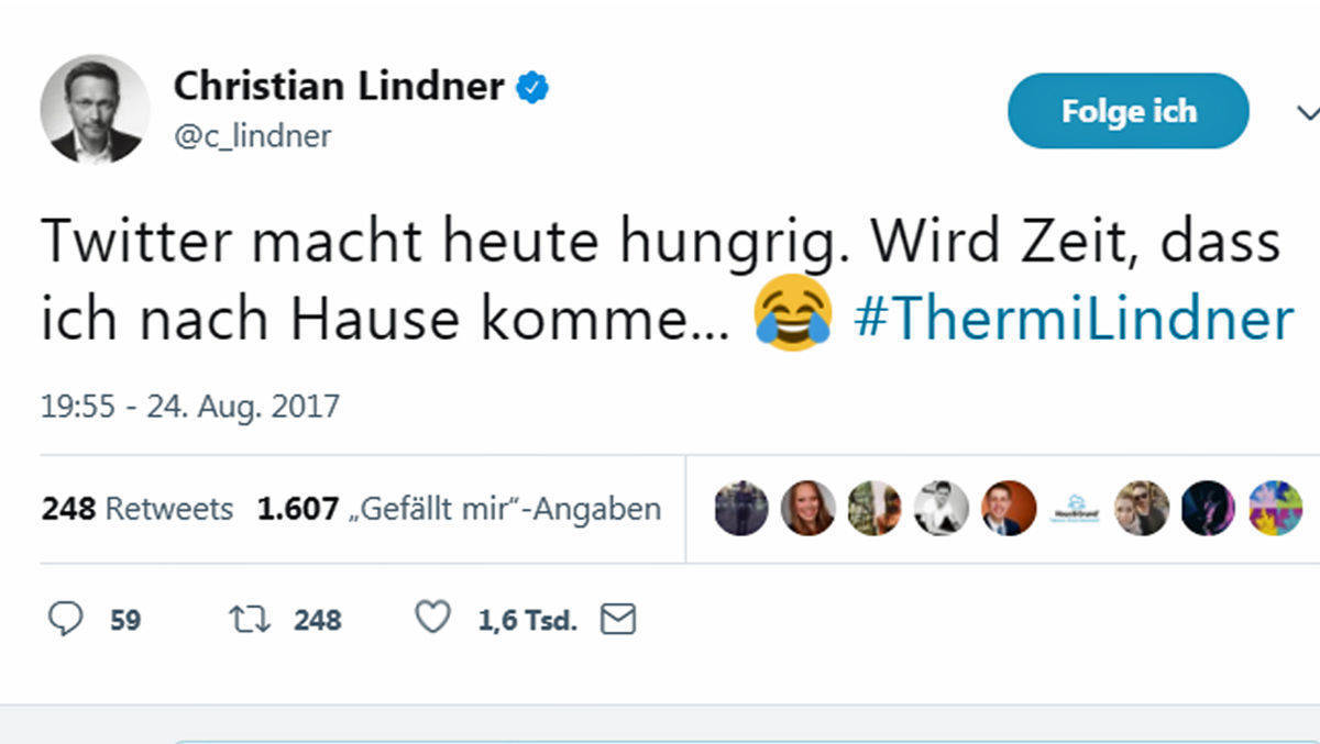 Christian Lindner sieht es auf Twitter ein: Er ist #ThermiLindner.