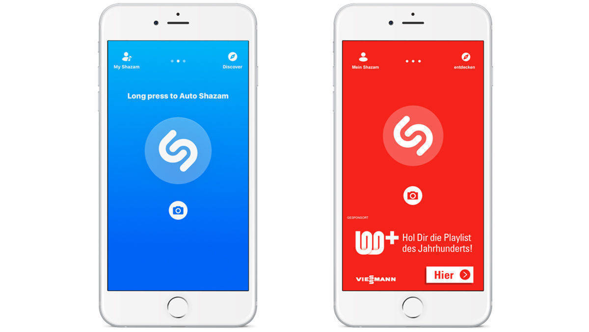 In Rot der Shazam-Screen mit Brand Takeover durch Viessmann - im Vergleich zum blauen Standard-Screen