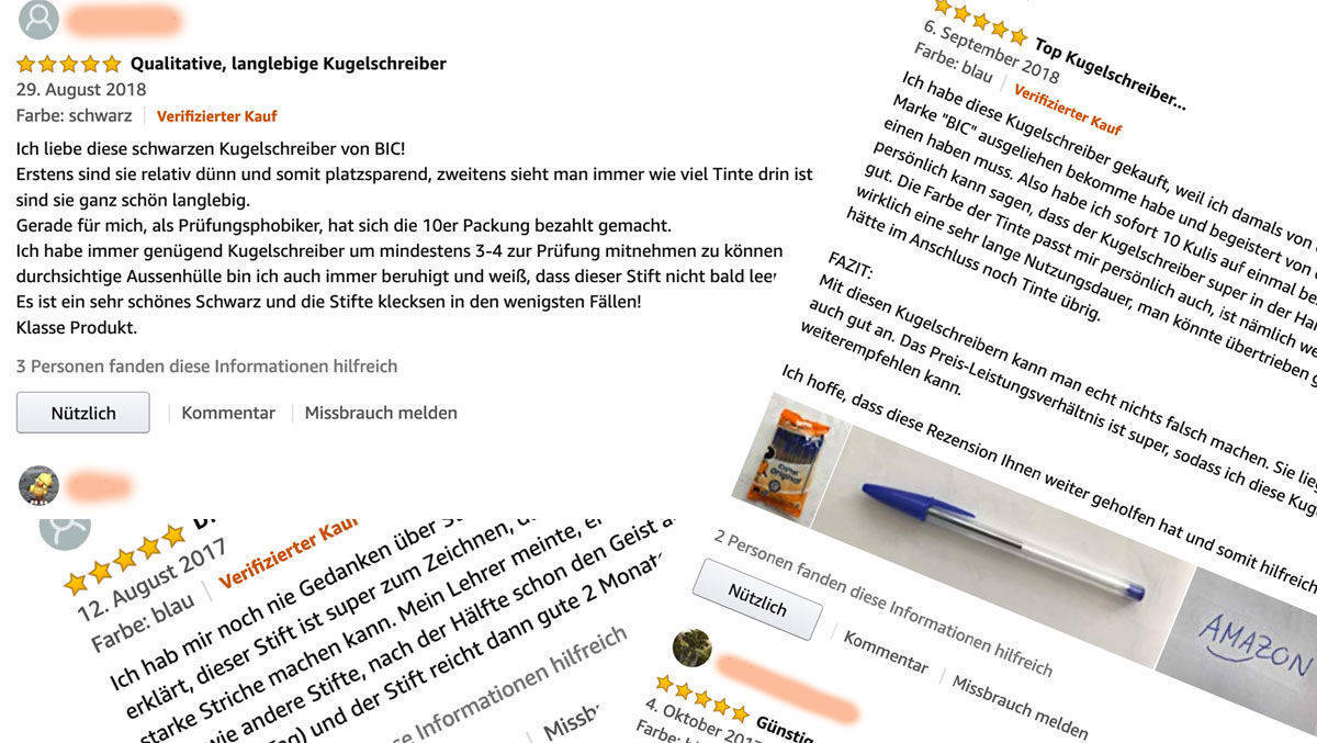 Bewertungen auf Amazon können hilfreich sein, unterhaltsam - oder gekauft. (Das Bild zeigt eine Auswahl aus überraschend vielen Bewertungen, die es bei Amazon für einfache Kugelschreiber von Bic gibt, keine beanstandeten Fälle.)