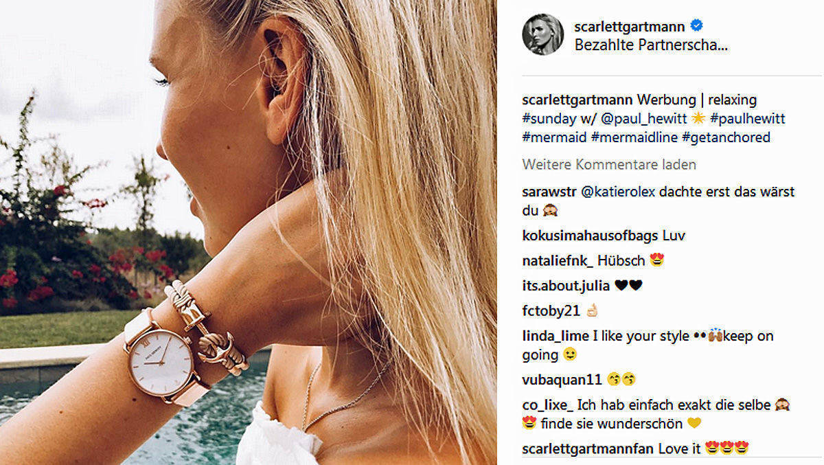 Hier hat Marco Reus' Freundin Scarlett Gartmann in einem Instagram-Motiv alles richtig gemacht - und es als Werbung für Uhren von Paul Hewitt deklariert.