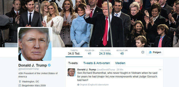 Für ihn ist Twitter unverzichtbar, um seine Sicht der Dinge zu verbreiten: Donald Trump (Twitterprofil @realDonaldTrump).