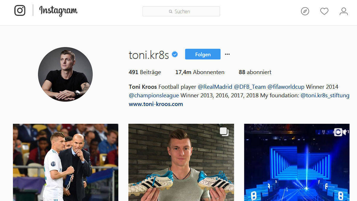 Nationalspieler Toni Kroos hat die meisten Follower bei Instagram.