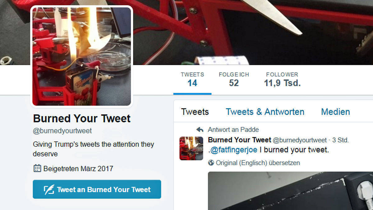 @burnedyourtweet verbrennt Donald Trumps Tweets.