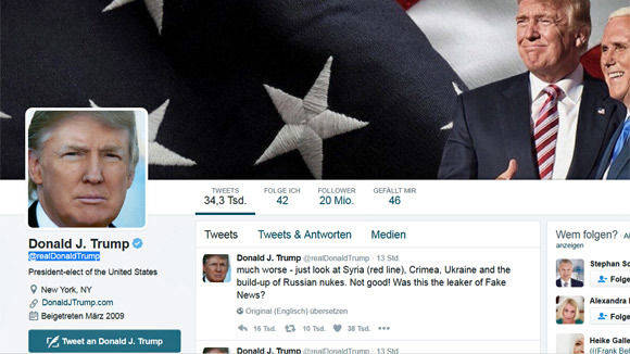 Donald Trump twittert unter dem Account @realdonaldtrump.
