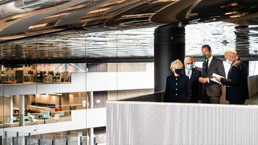 Friede Springer, Bundespräsident Frank-Walter Steinmeier, Mathias Döpfner und Rem Koolhaas (von links nach rechts)