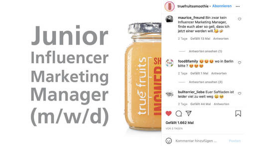 Ungewöhnlich: True Fruits sucht neues Personal über Instagram.