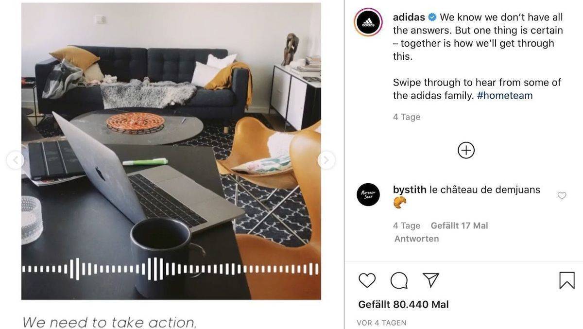 Unter anderem präsentiert Adidas Markenchef Brian Grevy seinen Platz im Home Office