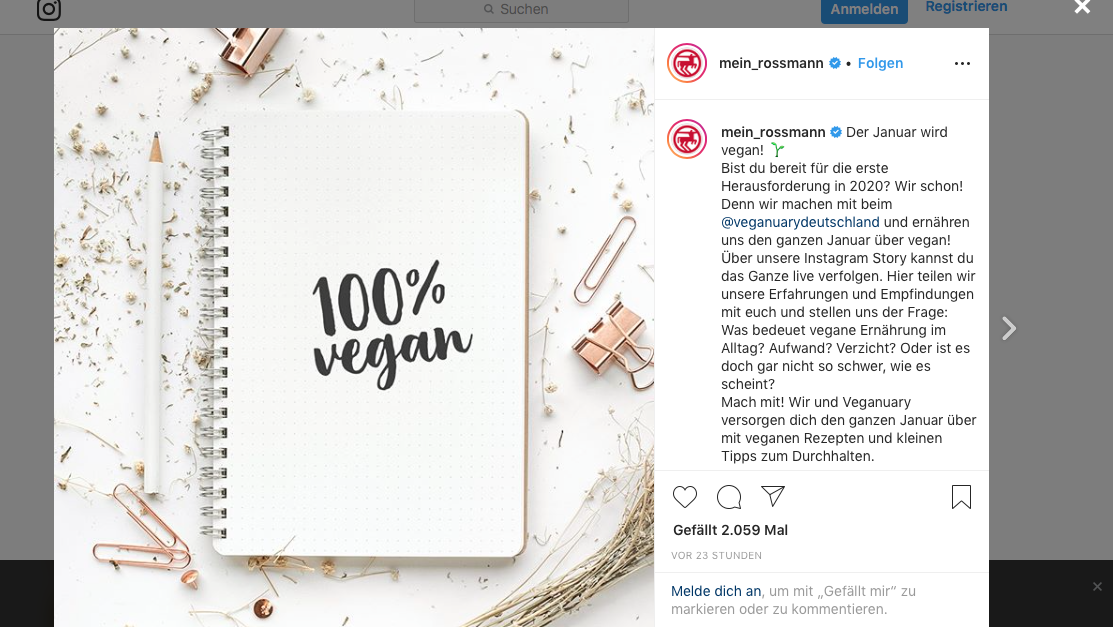 Rossmann ruft bei Instagram zu Veganuary auf.