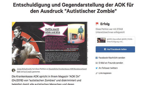 Joerg Schudrowitz startete diese Petition, um eine Entschuldigung der AOK zu erwirken.