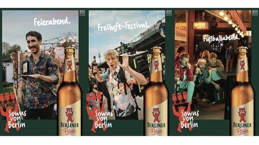 Feierabend, Freiluft-Festival, Fußballabend: drei Motive der neuen Berliner Pilsner Kampagne, die das außergewöhnlich Normale für "Sowas von Berlin" erklärt.