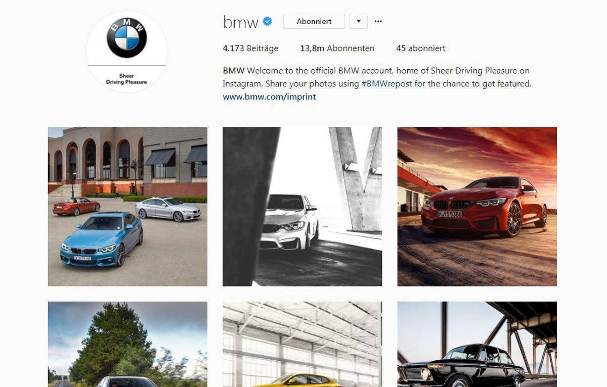 13,8 Millionen Follower hat BWM auf Instagram.