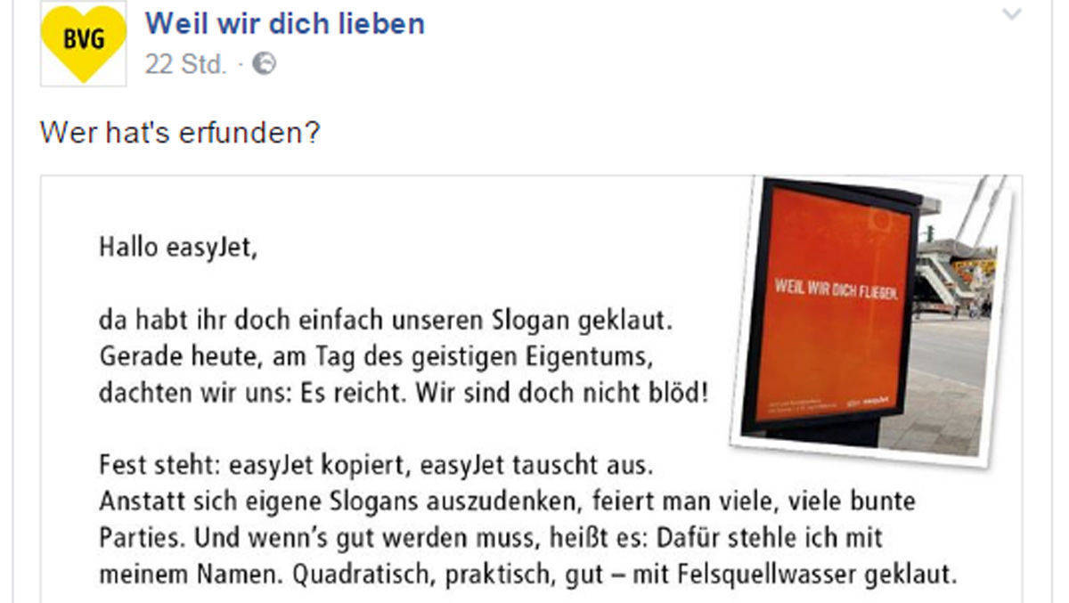 Die BVG beschwert sich über einen Slogan-Klau - und klaut dann selber welche.