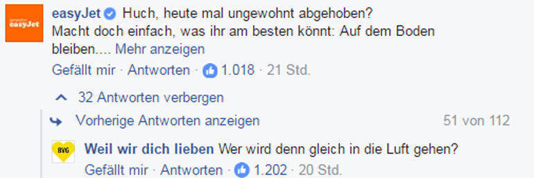 BVG und Easyjet auf Facebook.