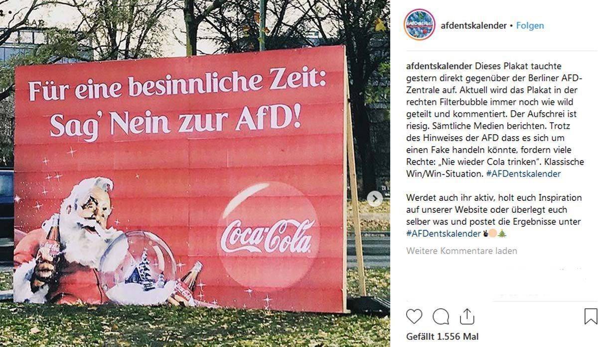 Der Absender des Anti-AfD-Plakats ist nicht Coca-Cola. Das Motiv stand in Berlin und wurde am 4. Dezember entfernt.
