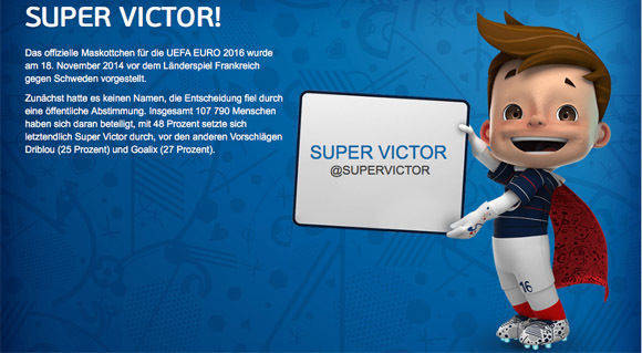"Super Victor", ein kleiner Junge aus Frankreich, ist das offizielle Maskottchen der EM. In der redaktionellen Berichterstattung über die Europameisterschaft kann man ihn verwenden. 