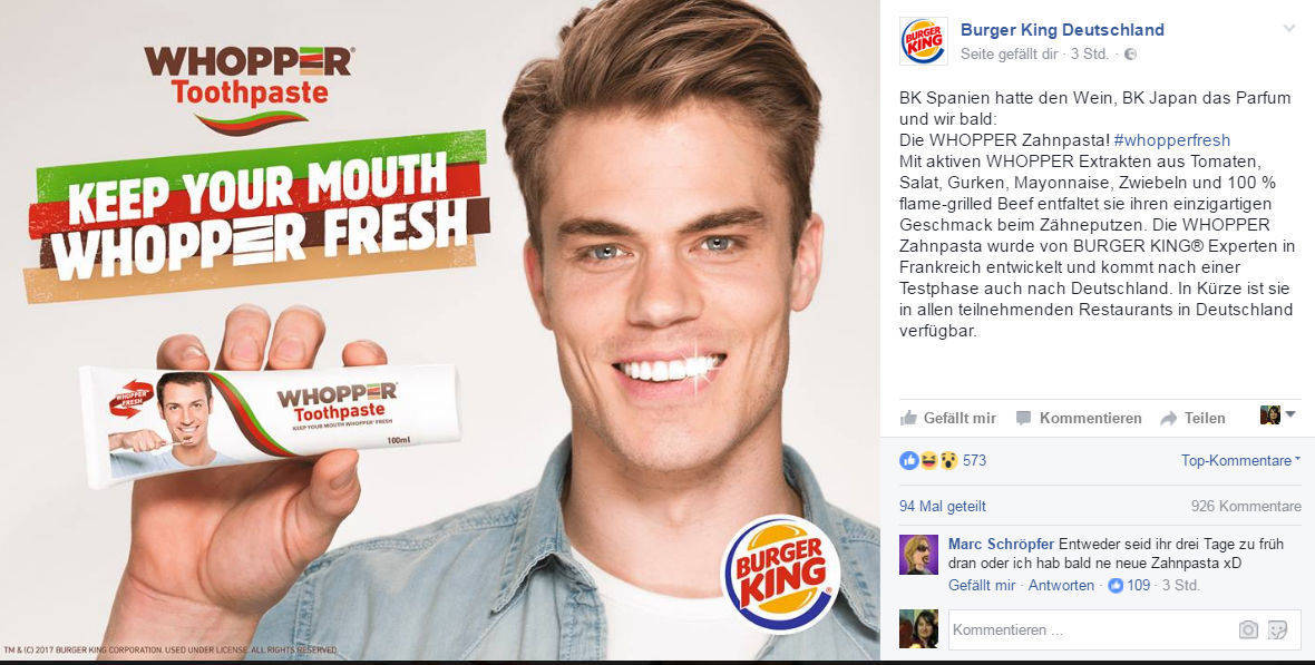 Burger King trommelt auf Facebook für die Whopper-Zahnpasta.
