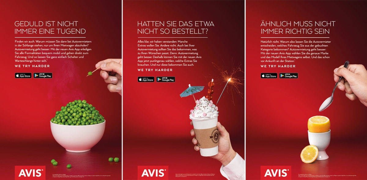 Die Vorteile ihrer App inszeniert die Autovermietung Avis mithilfe von Erbsen, To-go-Kaffee und Zitronen.