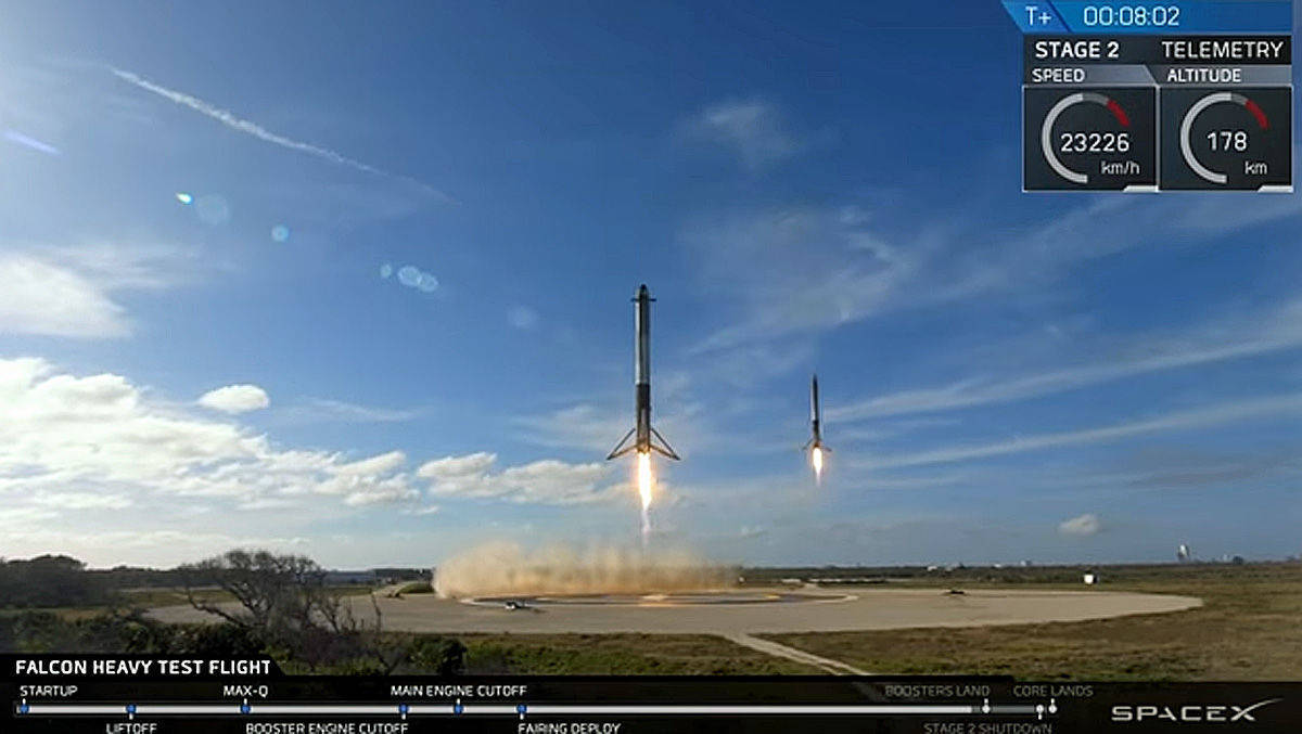 Wiederverwendbar: Die äußeren Antriebsteile von Falcon Heavy konnten Elon Musk und sein SpaceX-Team punktgenau in Florida landen.