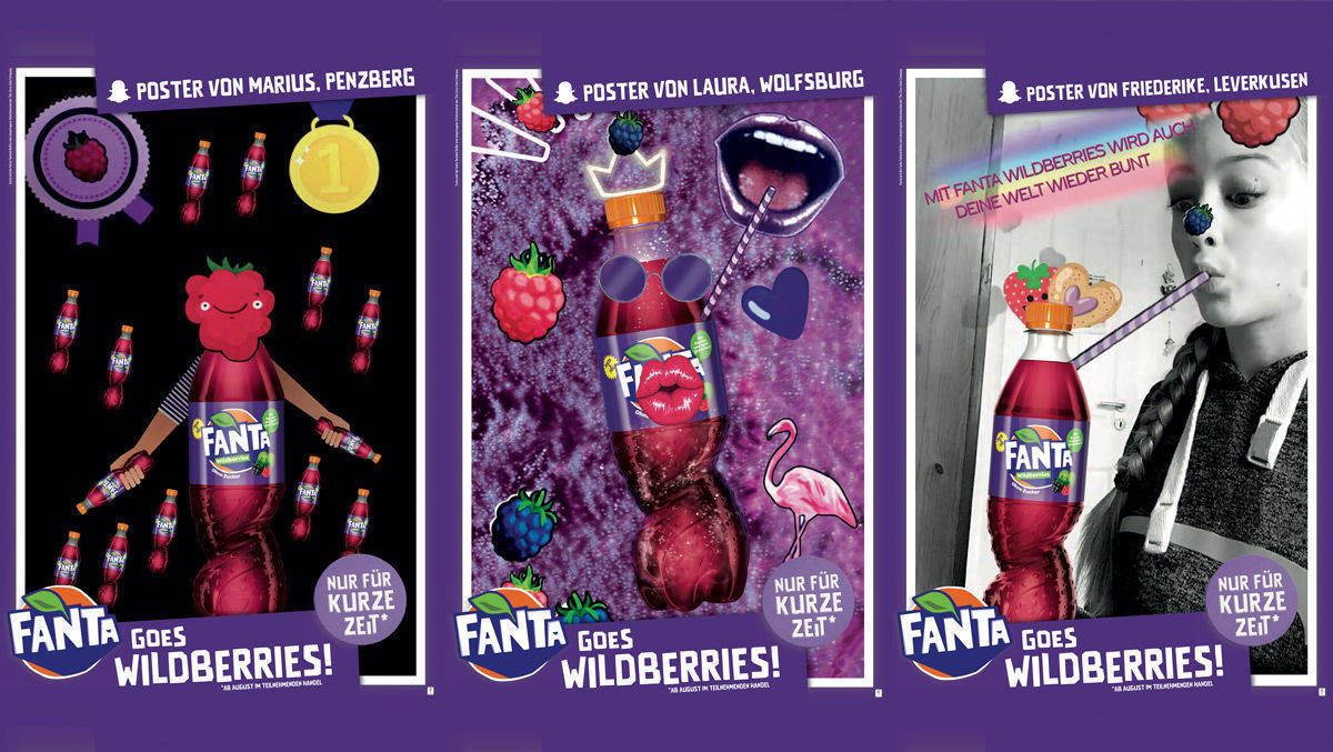 Drei der insgesamt elf über Snapchat gestalteten Plakatmotive für Fanta Wildberries