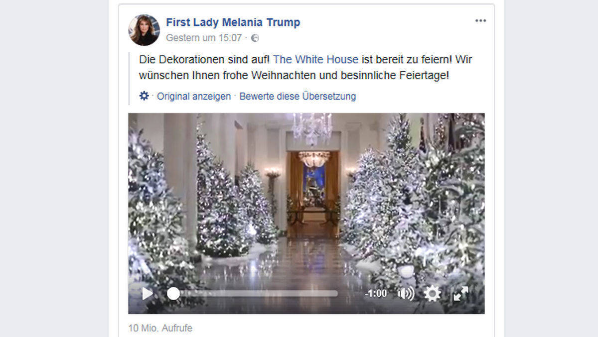 Melania Trumps Weihnachtsvideo aus dem Weißen Haus ist auf Facebook ein Hit.