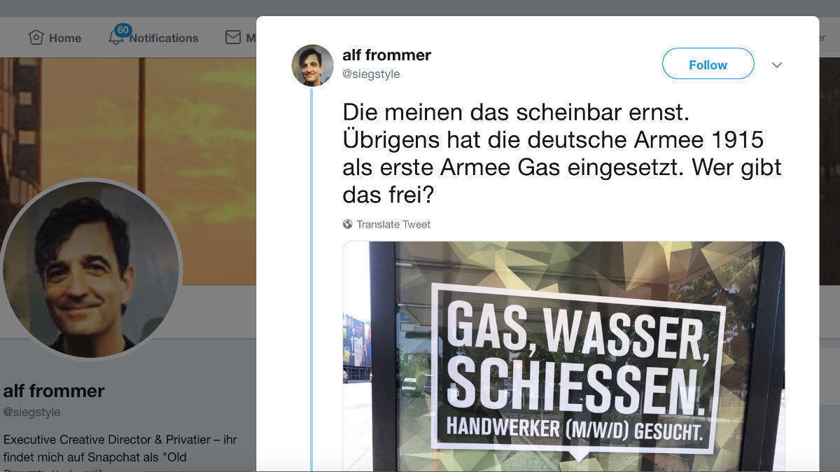 Alf Frommer findet das Bundeswehrplakat "skandalös".
