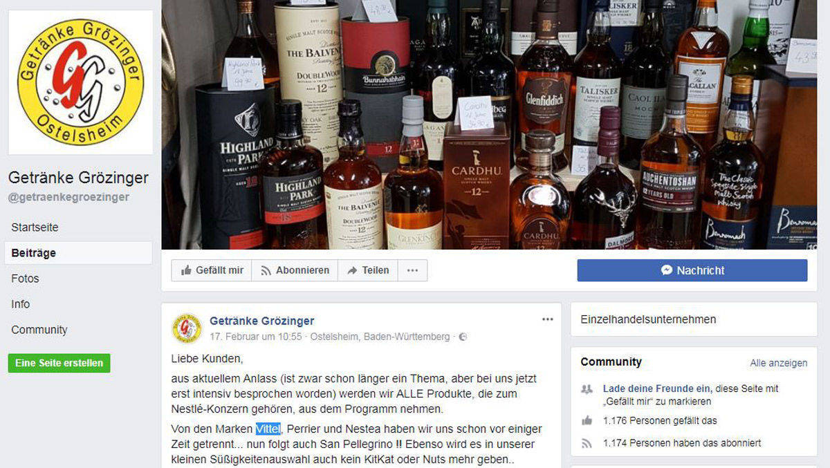 Die Ankündigung, dass Getränke Grözinger kein Nestlé mehr verkauft, erreichte mehr als 7000 Likes und knapp 4000 Shares. 